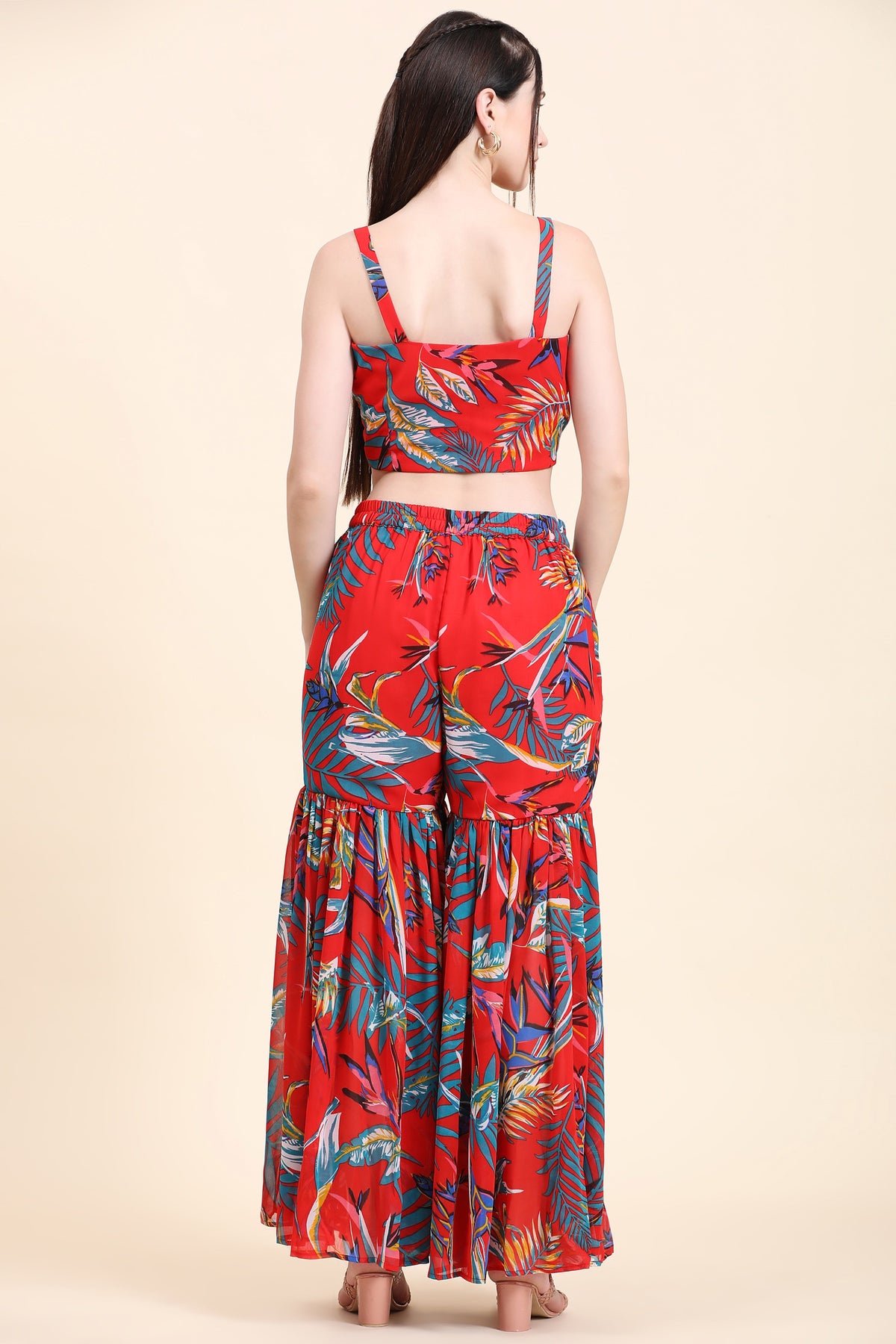 Women's Red base Leaf print Georgette Blouse, Garara and Cape set