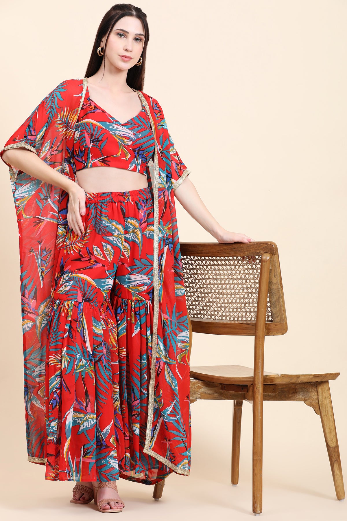 Women's Red base Leaf print Georgette Blouse, Garara and Cape set