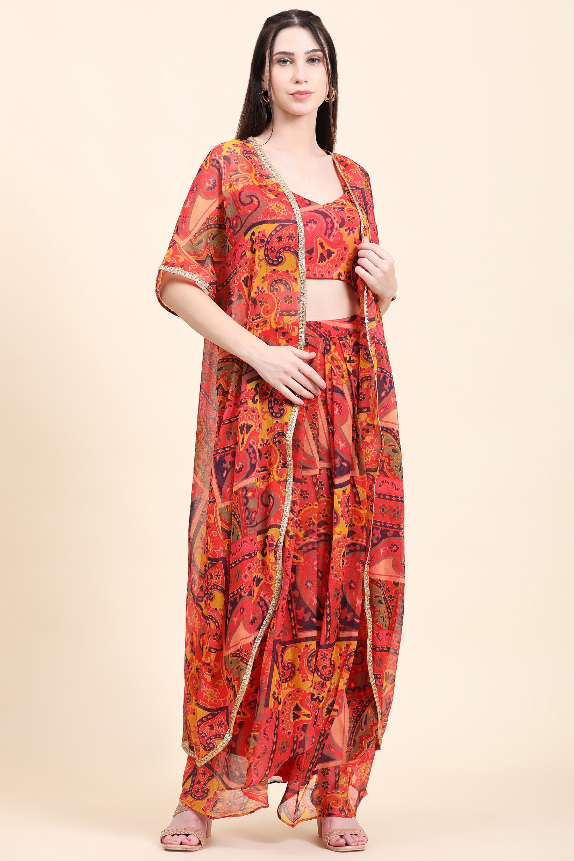 Women's Red base Multicolor print Chiffon Blouse, Cape, Dhoti drape Skirt set