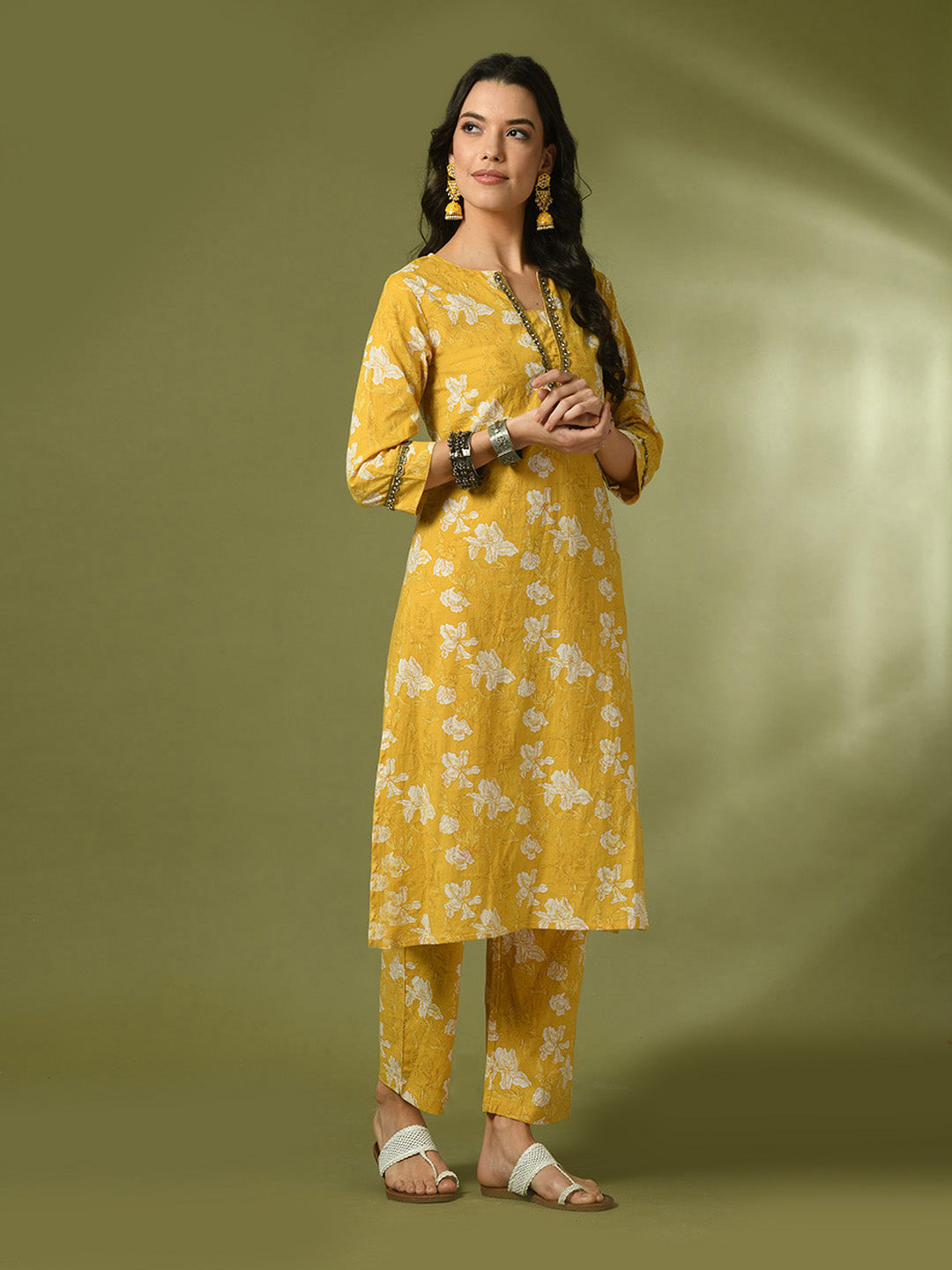 Women's  Yellow Printed Cotton Straight Party Kurta Sets