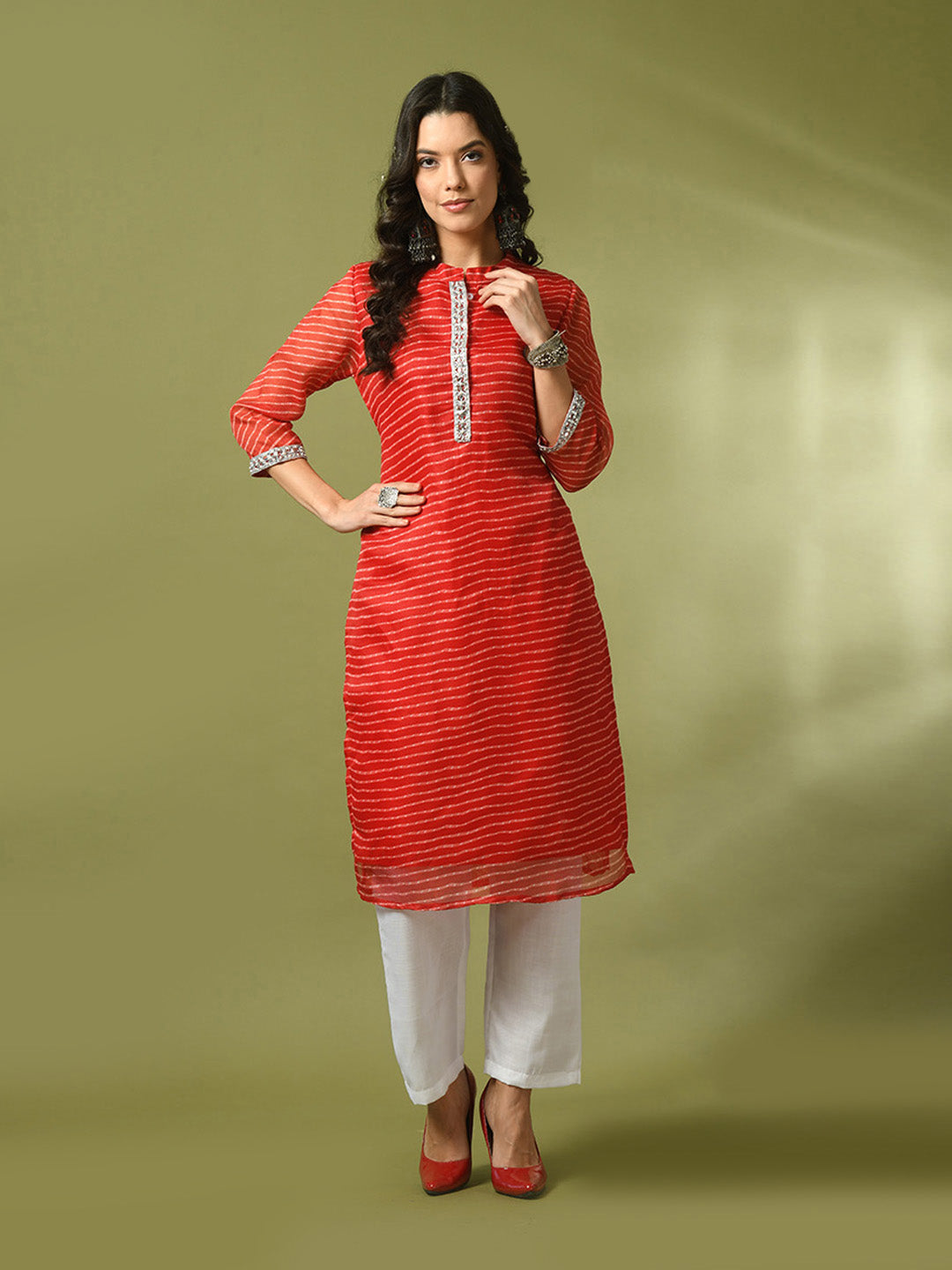 Women's  Red Printed Cotton Blend Straight Party Kurta Sets