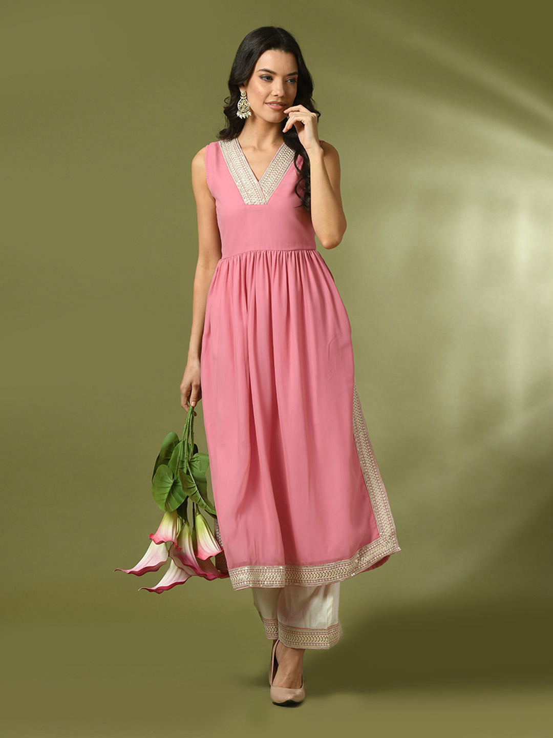 Women's  Pink Solid Georgette Anarkali Party Kurta Sets
