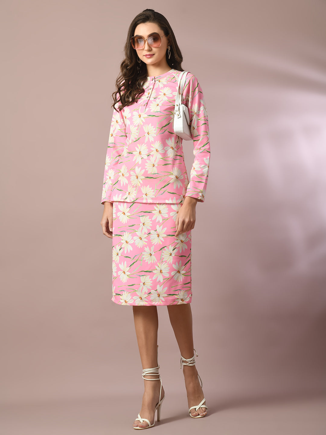 Women's  Pink Printed Knee Length Party Embellished Skirts