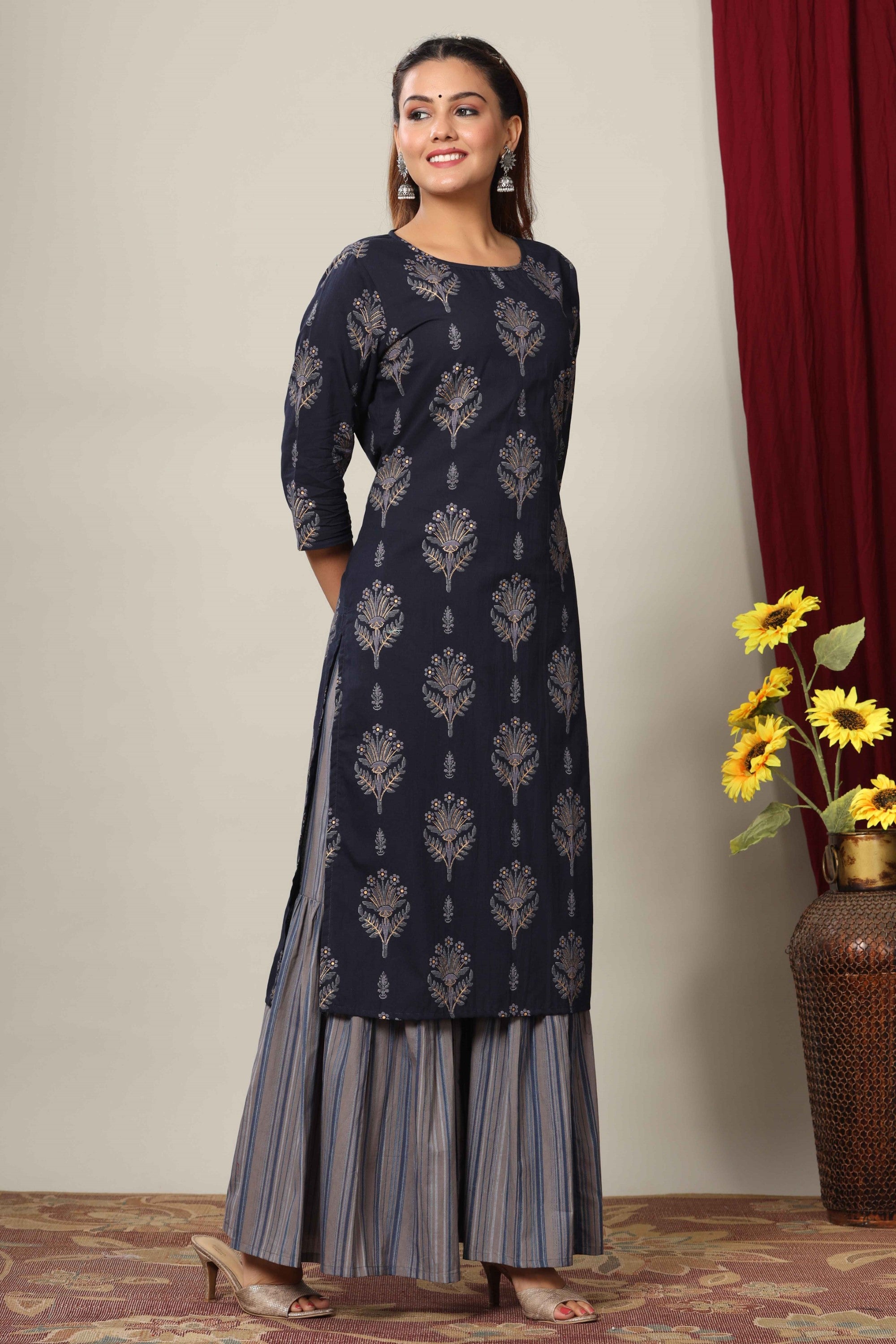 Women's Blue & Grey Printed Cotton Kurta With Sharara