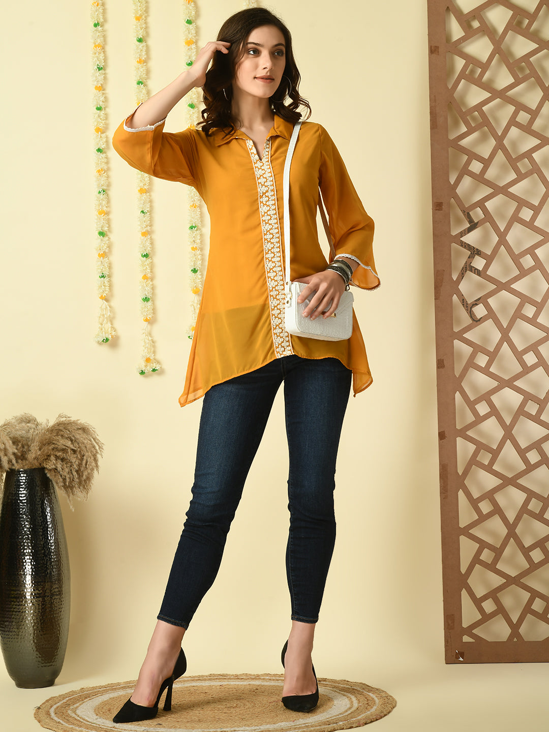 Women's Mustard Embroidered Party  Fusion Top