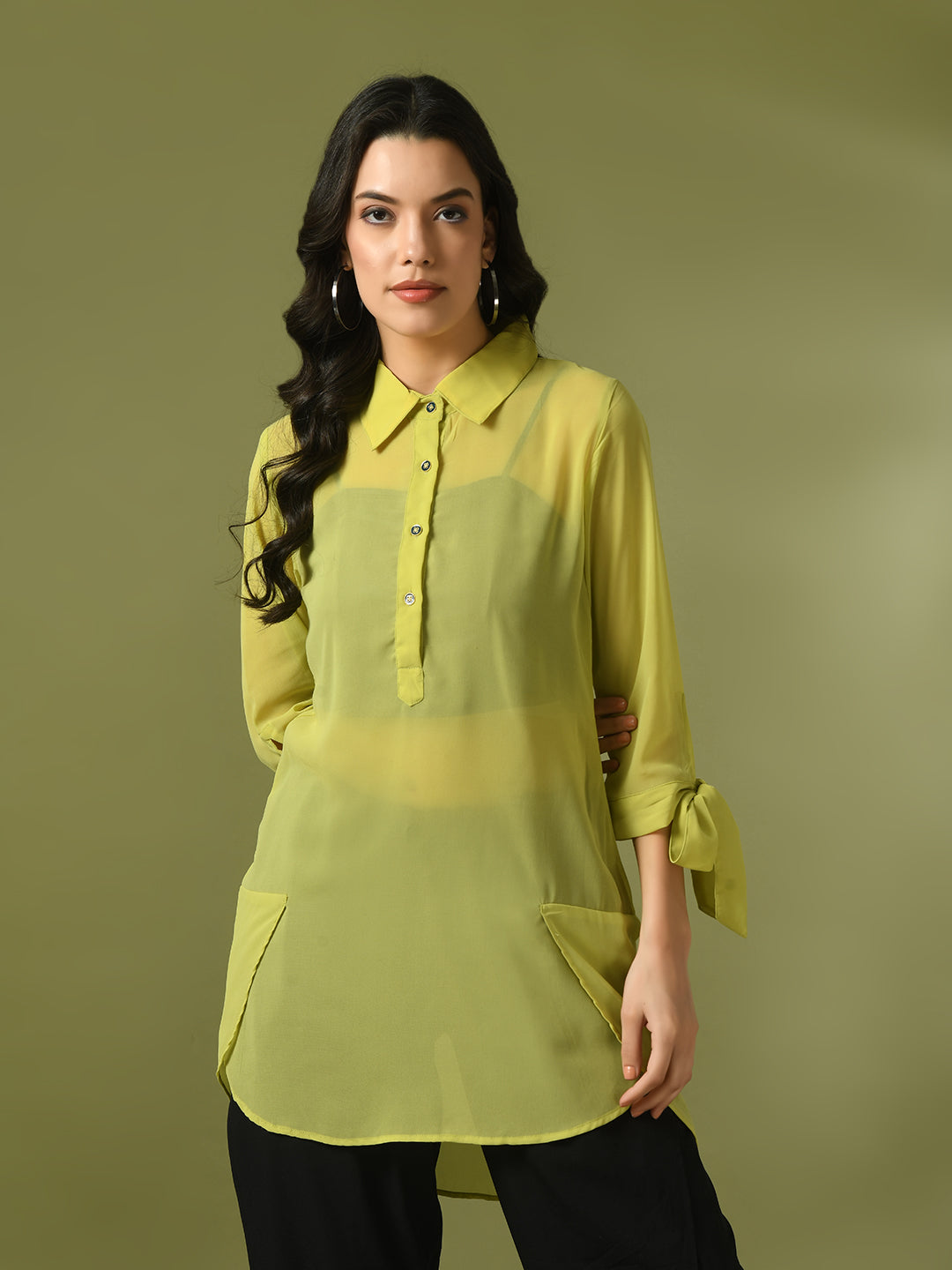 Women's  Yellow Solid Georgette Longline Party Sheer Tunic