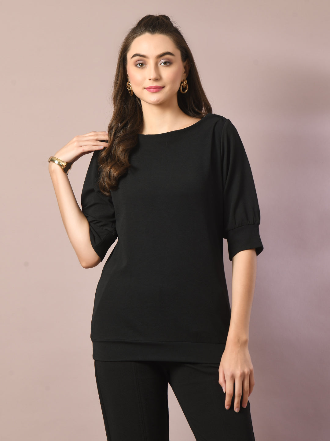 Women's  Black Solid Boat Neck Party Top