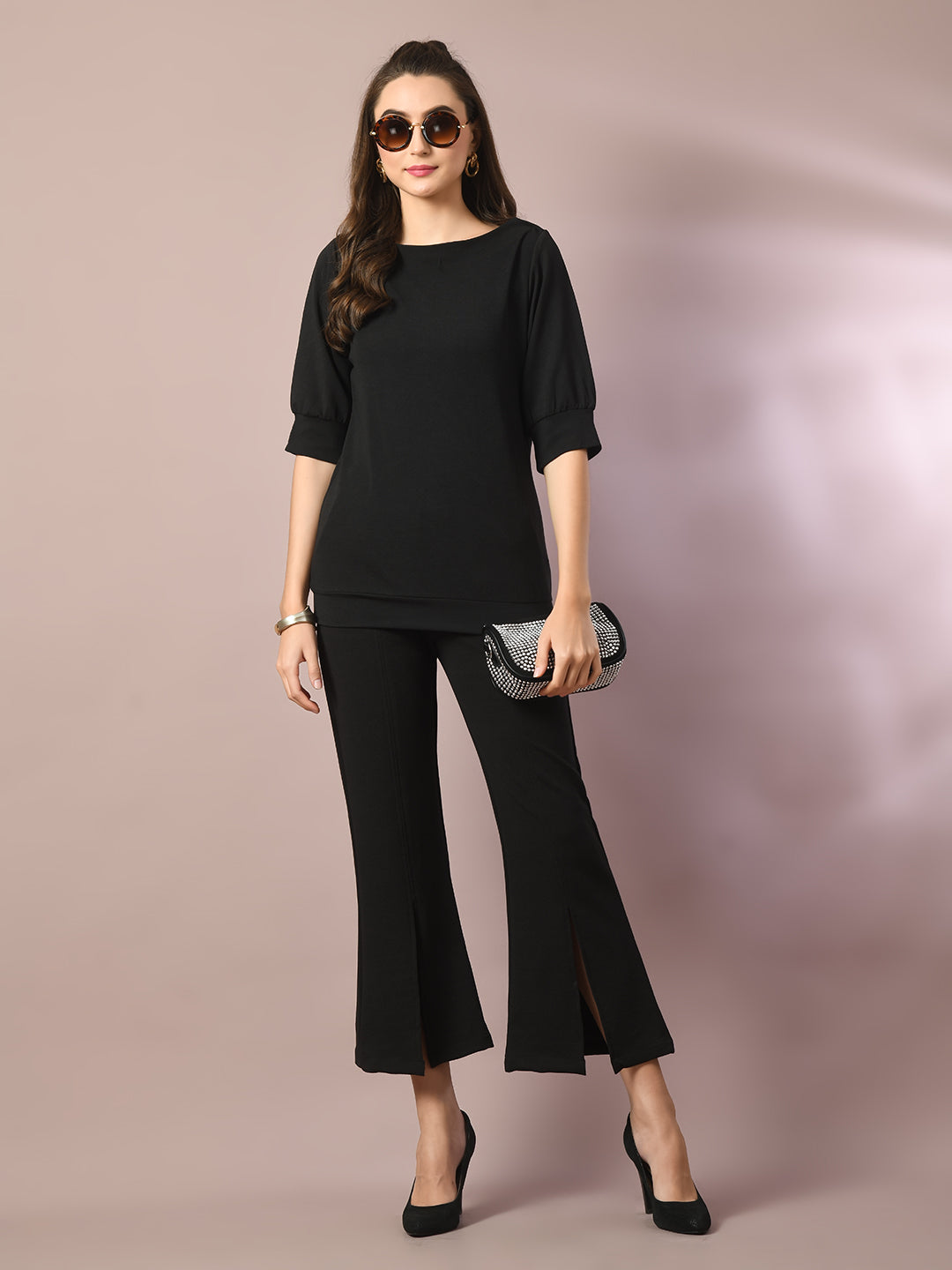 Women's  Black Solid Boat Neck Party Top