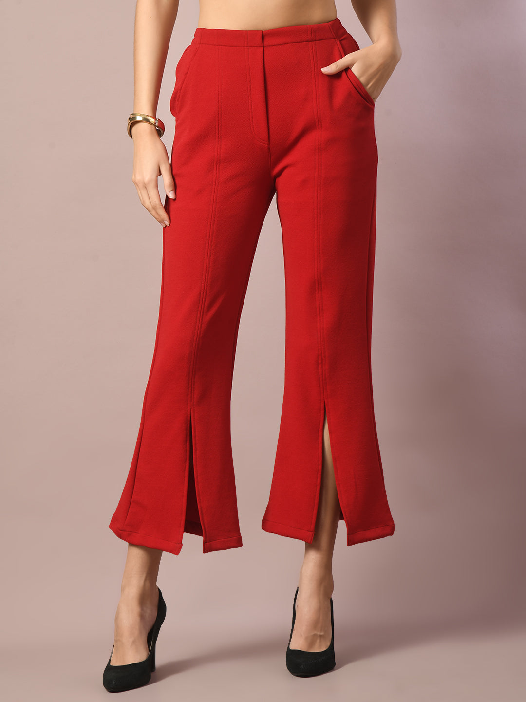 Women's  Red Solid Party Parallel Trousers