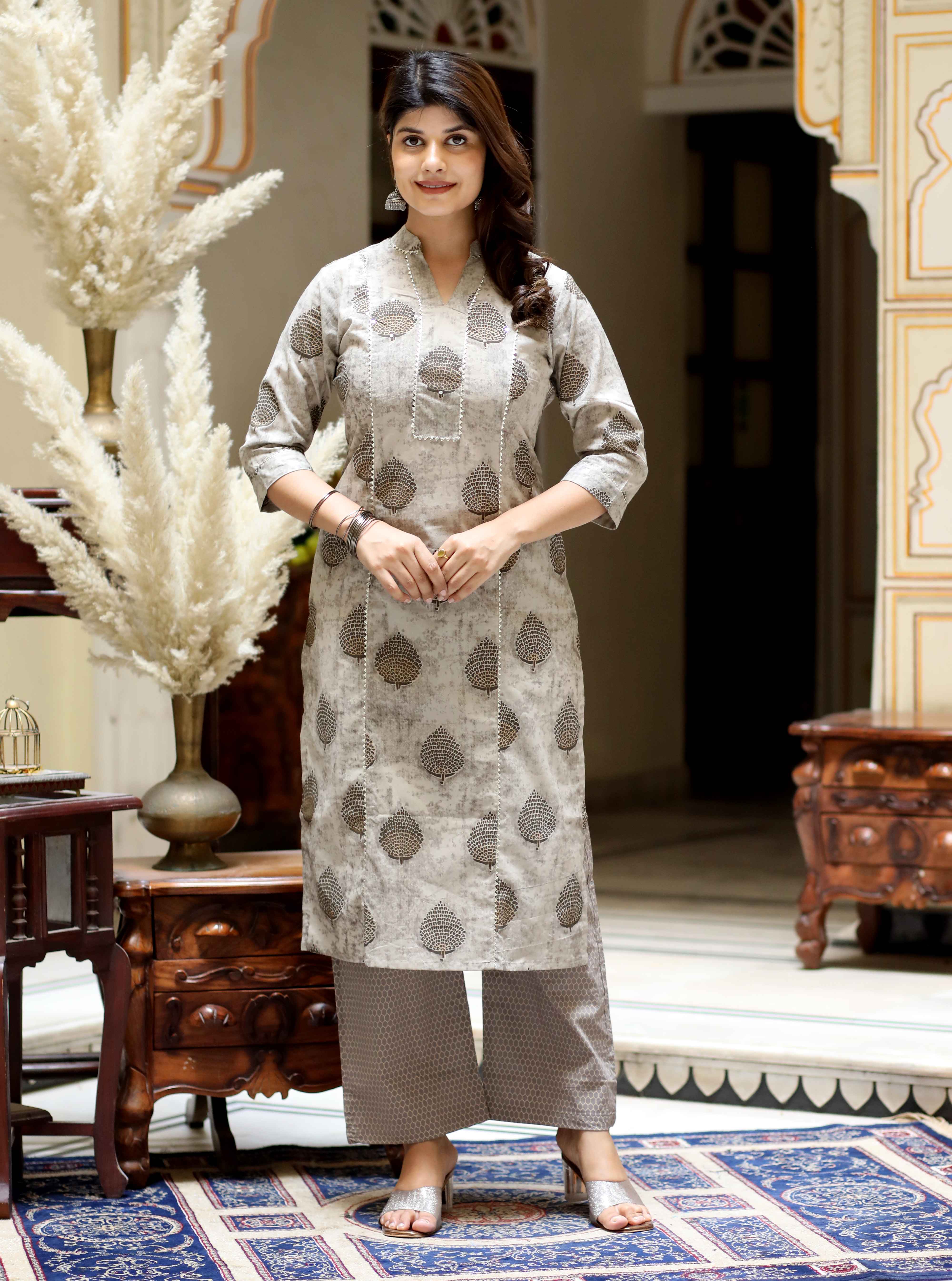 Women's Floral Printed Straight Cotton Beige Kurta And Palazzo Set