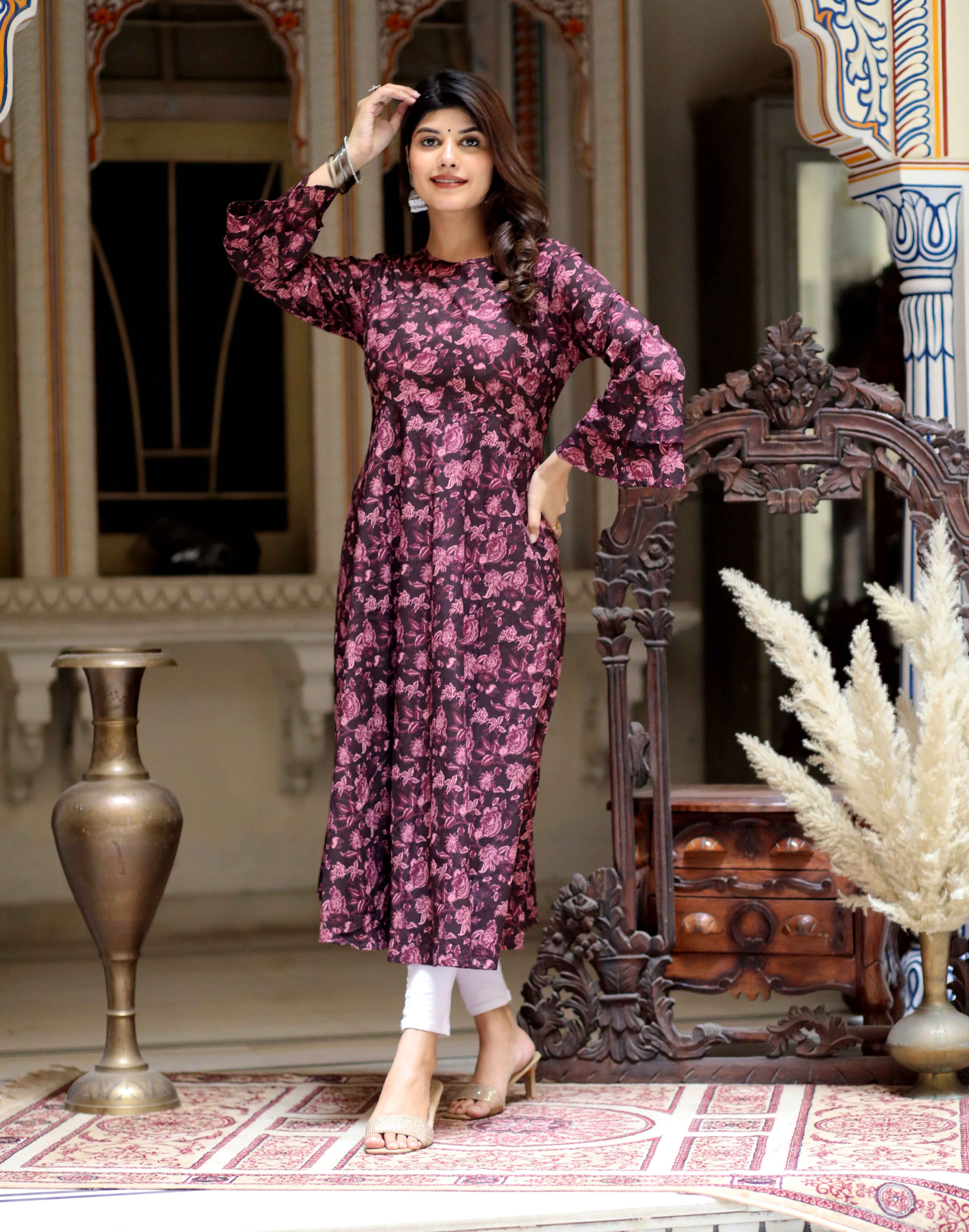 Women's Floral Printed Festive Wear Bell Sleeve Maroon Anarkali Kurta