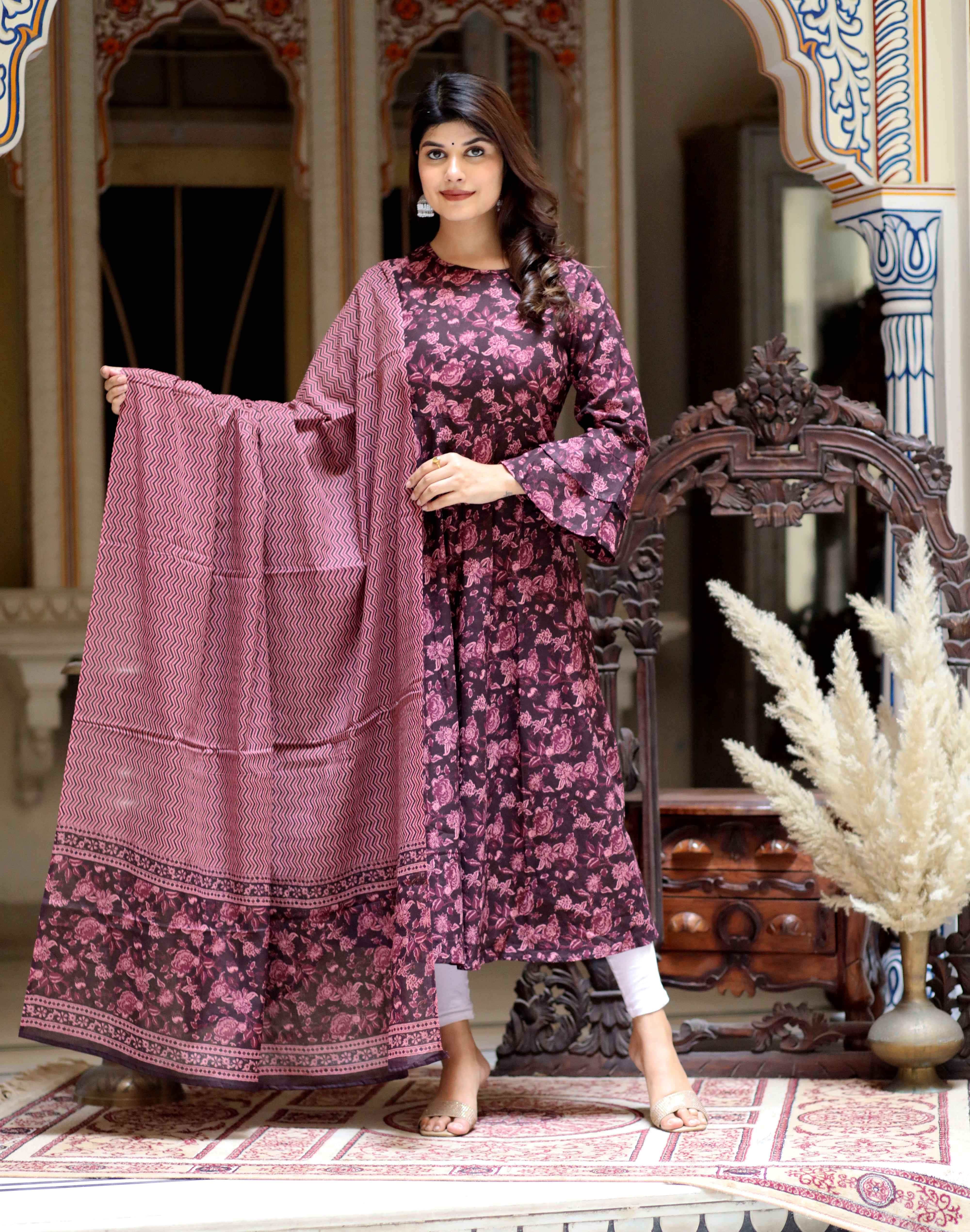 Women's Maroon Print Bell Sleeves Cotton Anarkali Kurta & Dupatta