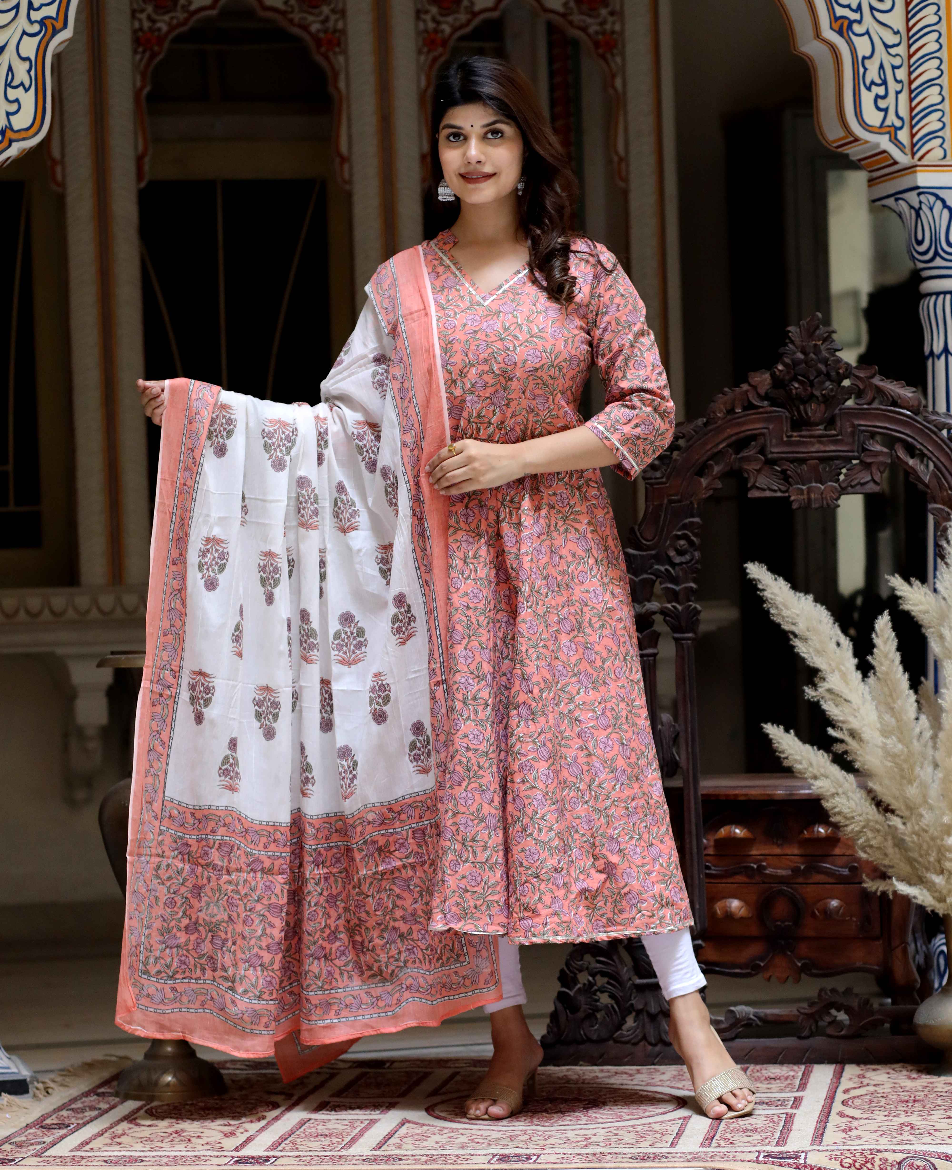 Women's Orange Floral Printed Festive Wear Anarkali Kurta & Dupatta Set