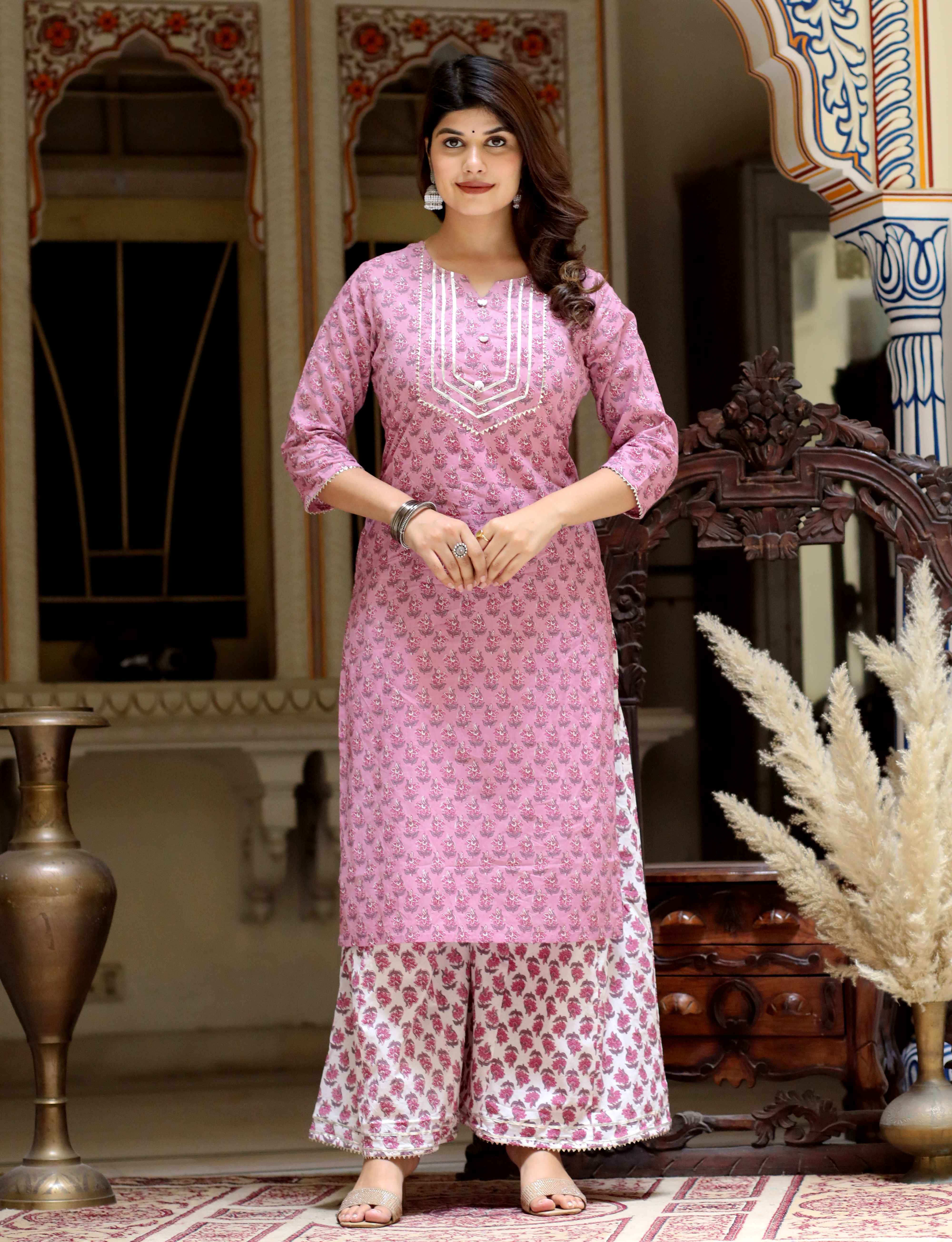 Women's Floral Printed Straight Cotton Gota Lace Kurta And Palazzo Set