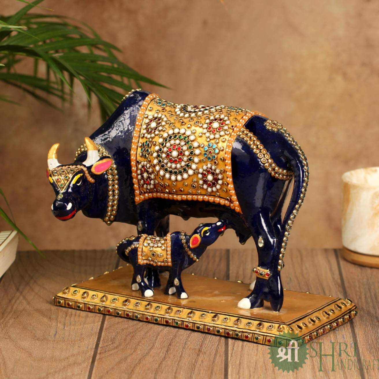 Cow & Calf Figurine with Gemstone Painting – 8 Inch