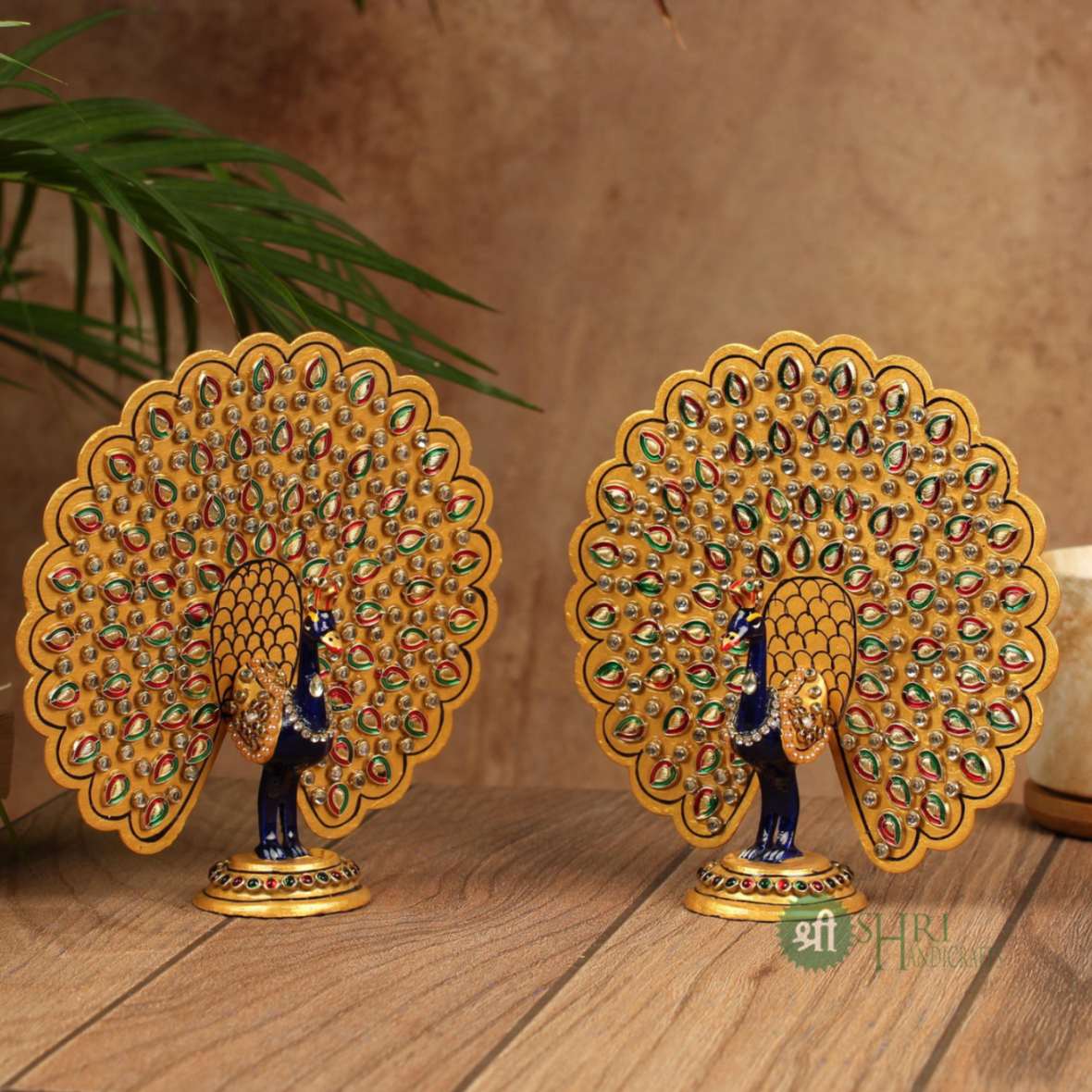 6" Standing Metal Peacock Idol with Meenakari Jewellery Stone Painting | Handcrafted Décor Figurine