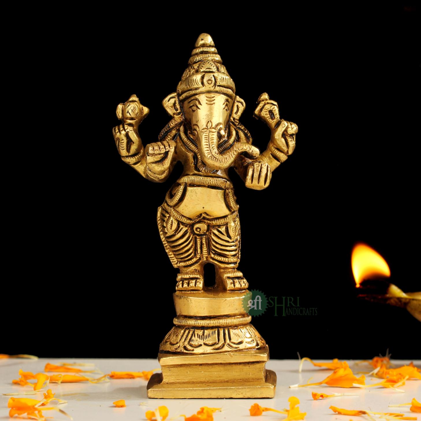 5" Brass Standing Ganesh Idol – Handcrafted Devotional Figurine