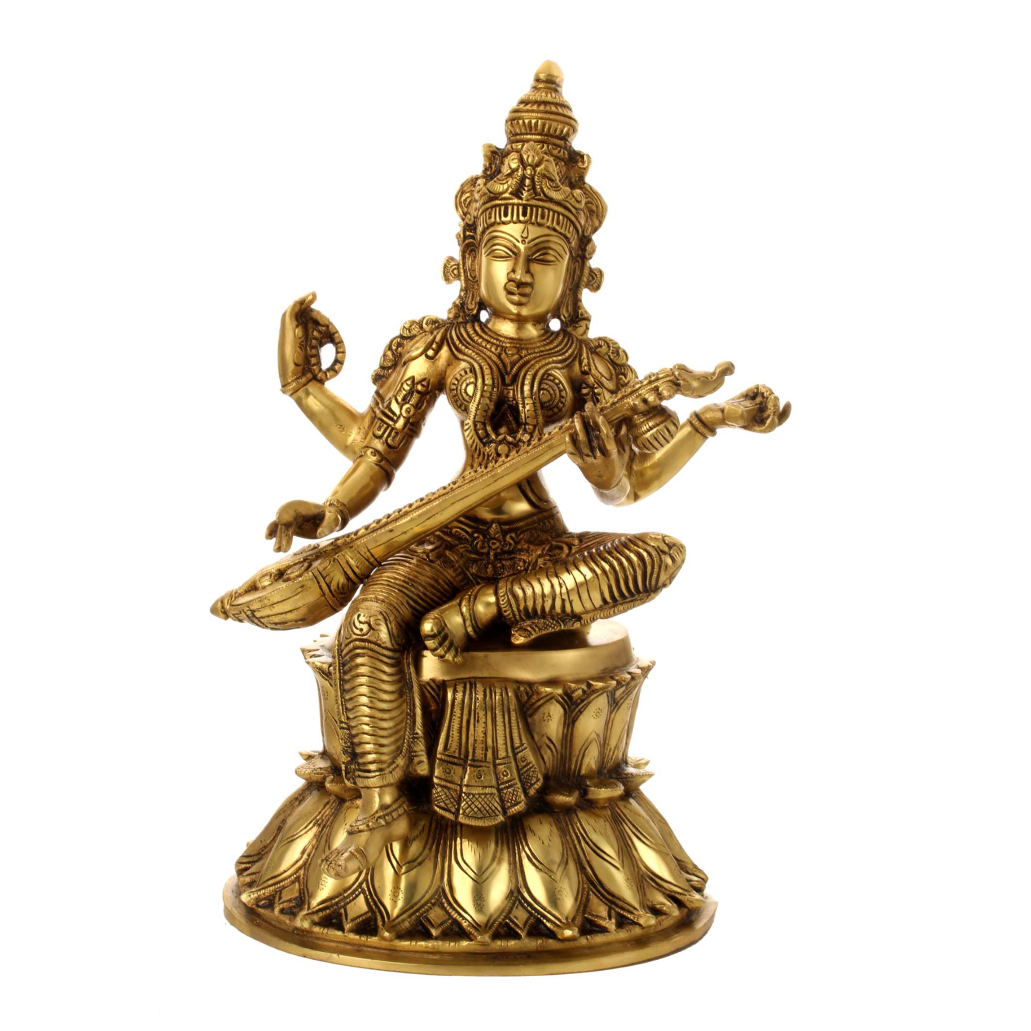 Brass Goddess Saraswati Seated on Lotus – 15 Inch