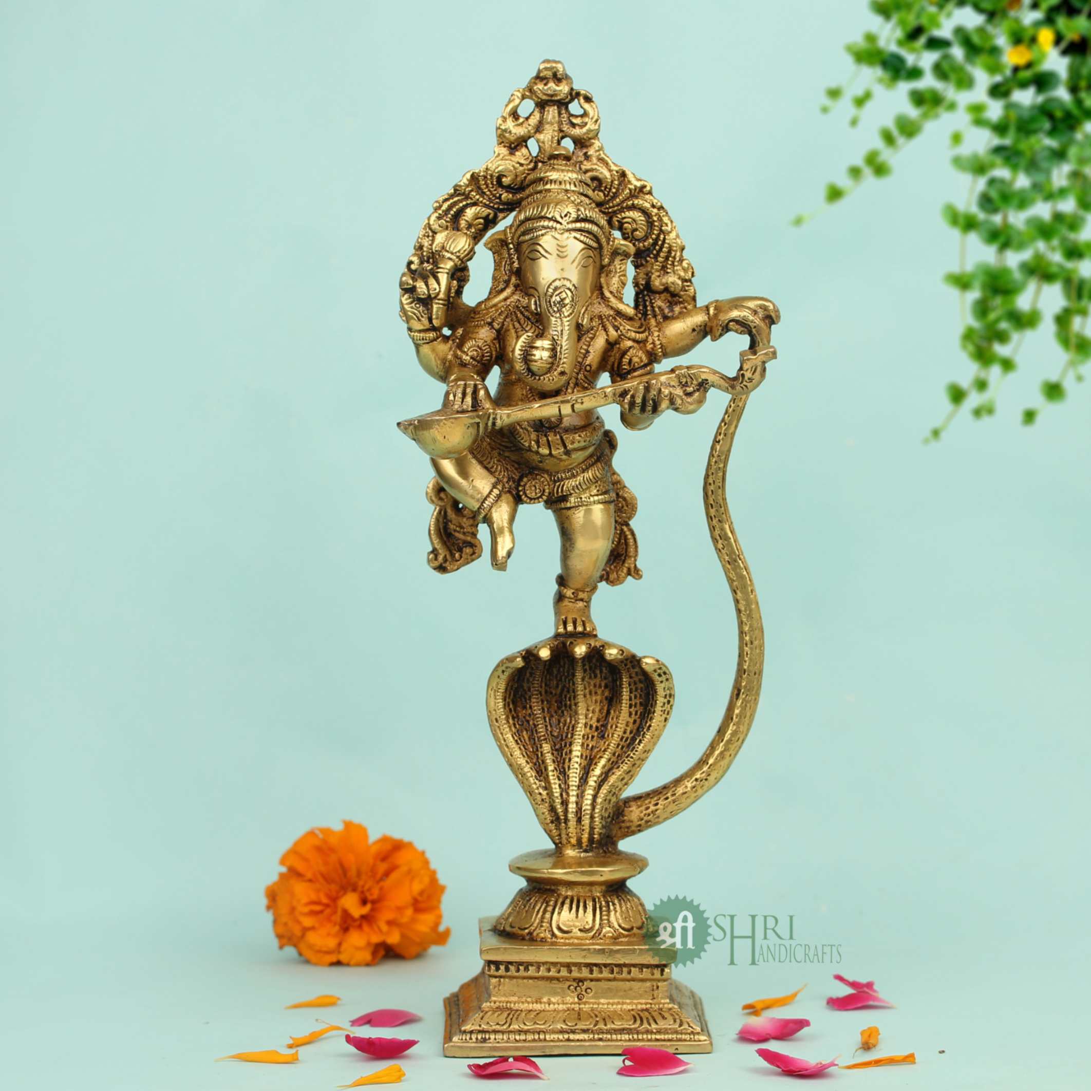 10" BRASS GANESH STANDING ON SNAKE