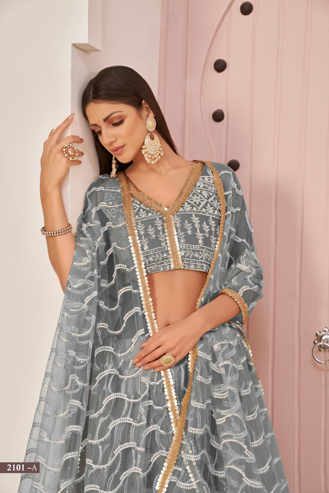 Women's Grey Net Thread Embroidery Lehenga Set