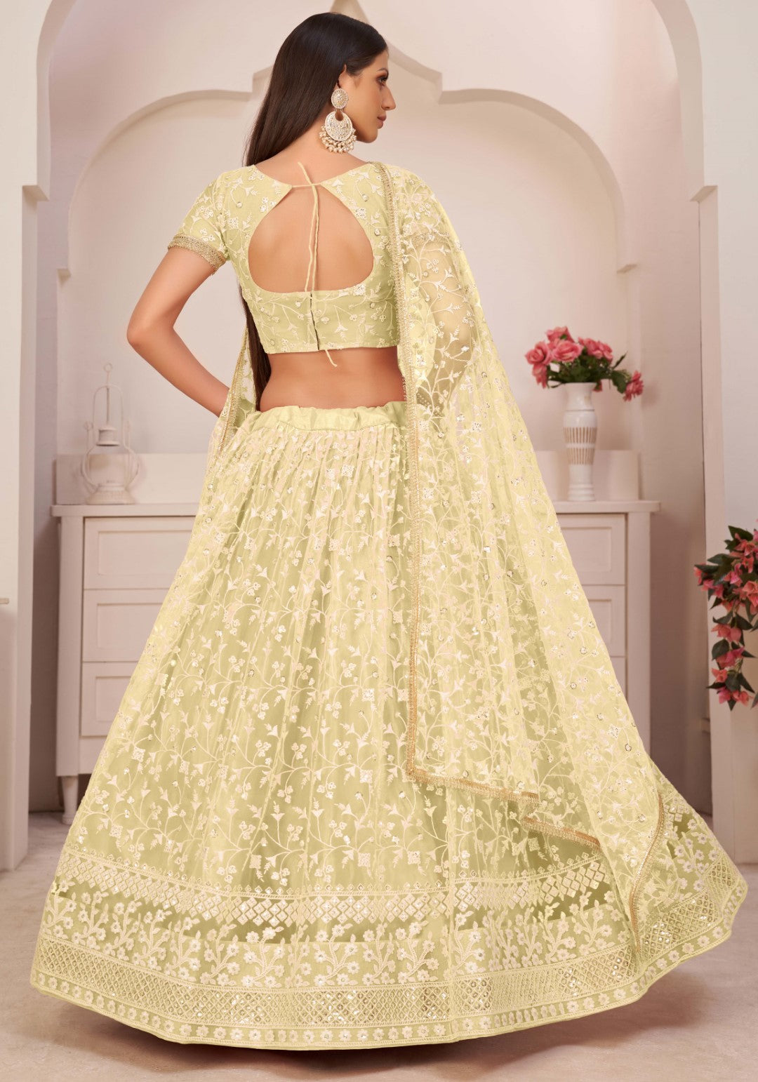 Women's Light Lemon Net Thread Embroidery Lehenga Set