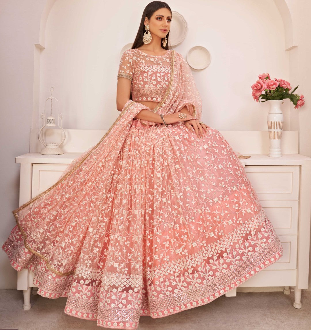 Women's Light Pink Net Thread Embroidery Lehenga Set