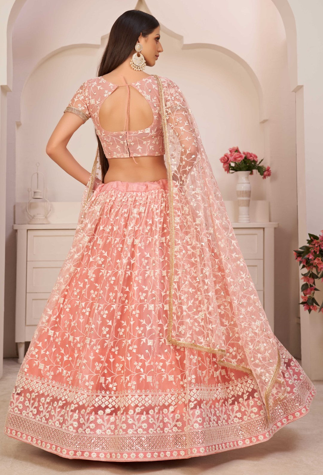 Women's Light Pink Net Thread Embroidery Lehenga Set