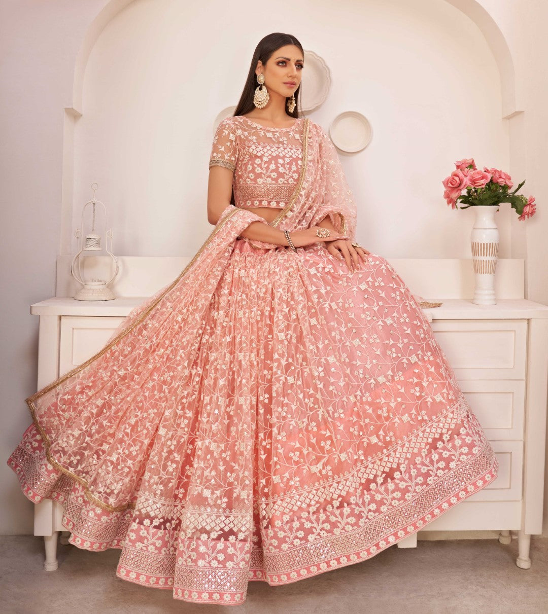 Women's Peach Net Thread Embroidery Lehenga Set