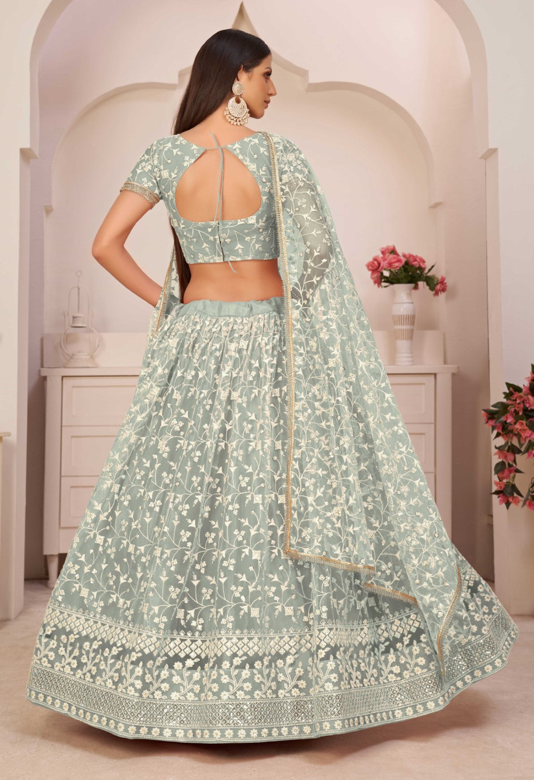 Women's Green Net Thread Embroidery Lehenga Set