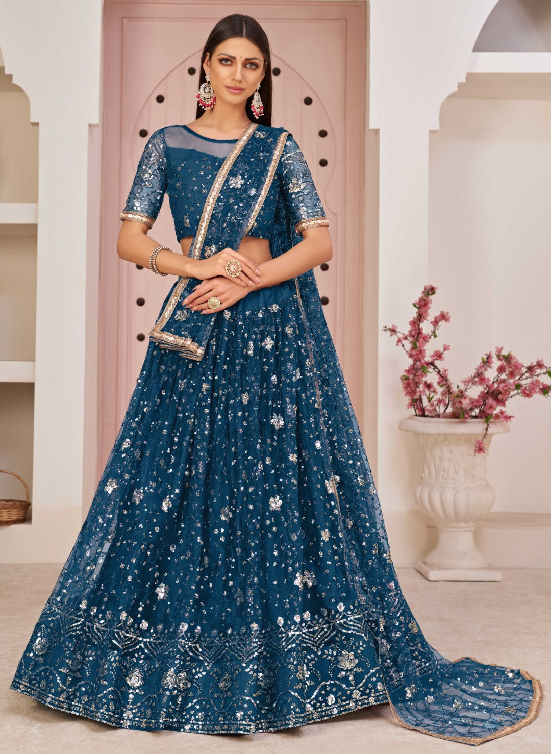 Women's Sea Green Net Thread Embroidery Lehenga Set