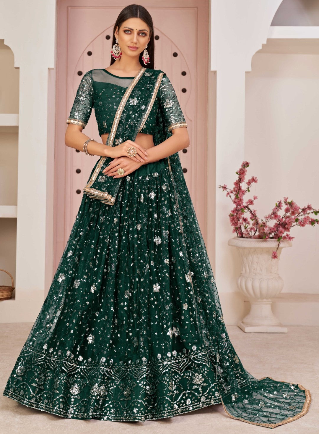 Women's Dark Green Net Thread Embroidery Lehenga Set
