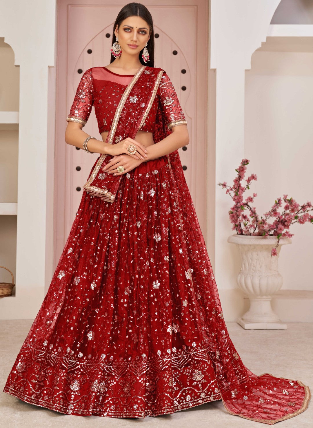 Women's Red Net Thread Embroidery Lehenga Set