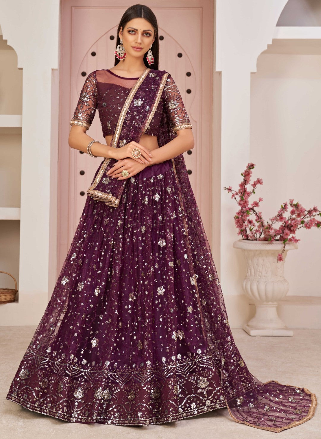 Women's Violet Net Thread Embroidery Lehenga Set