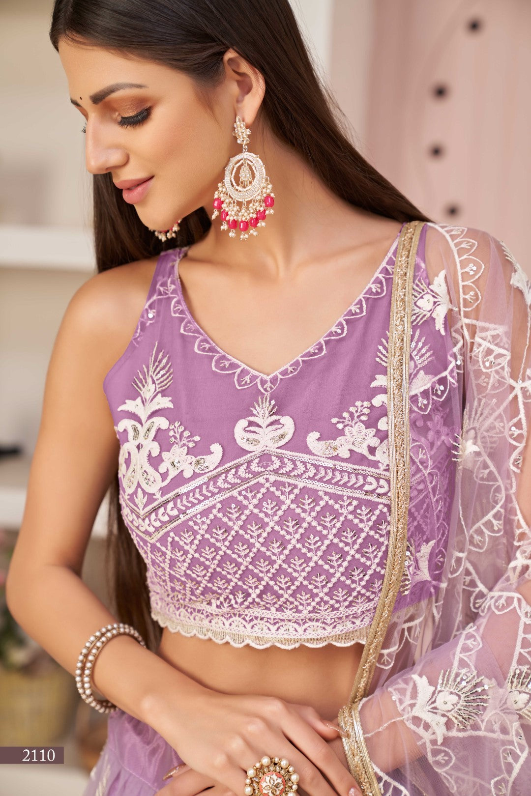 Women's Light Lavender Net Thread Embroidery Lehenga Set