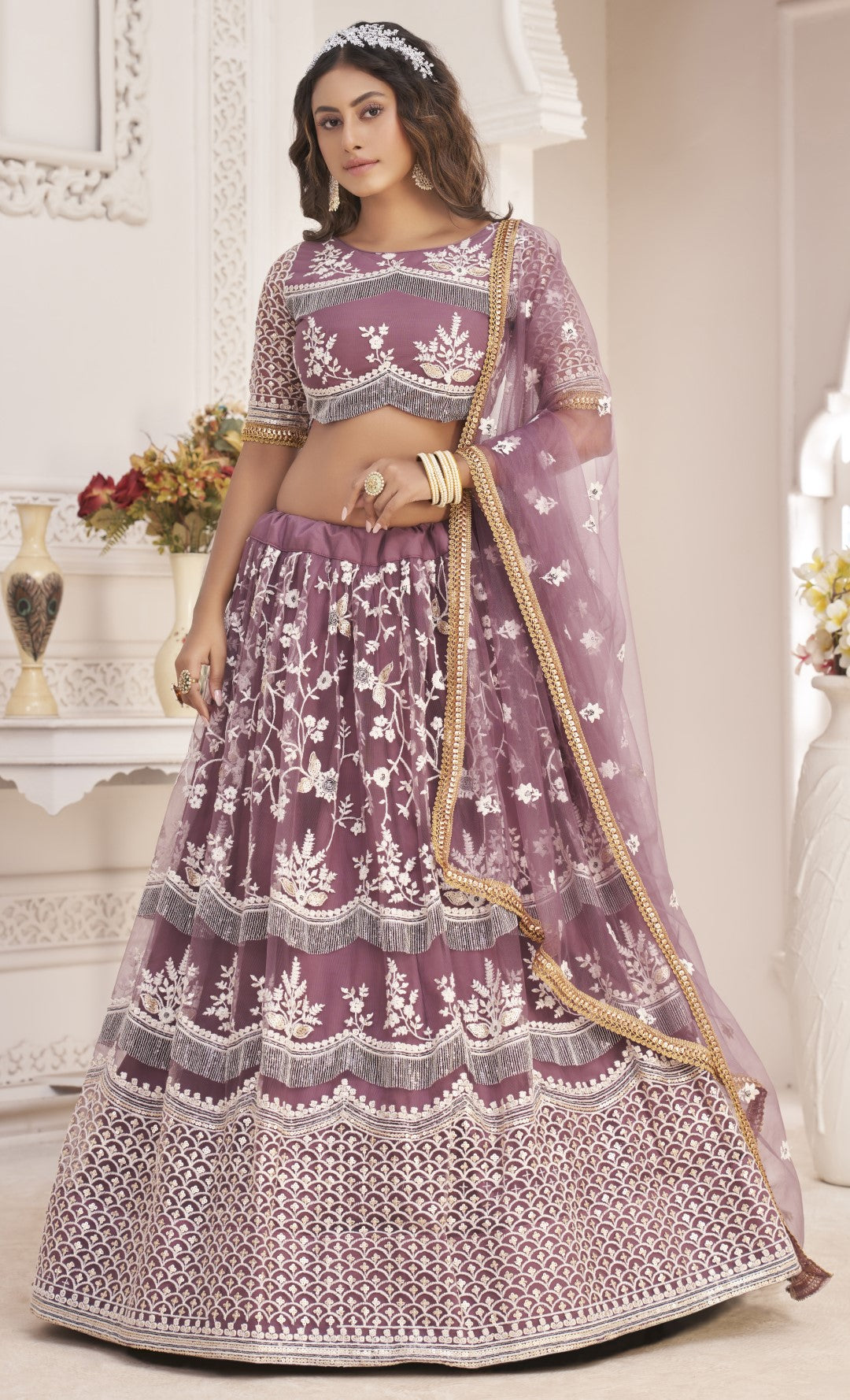 Women's Onion Pink Net Thread Embroidery Lehenga Set