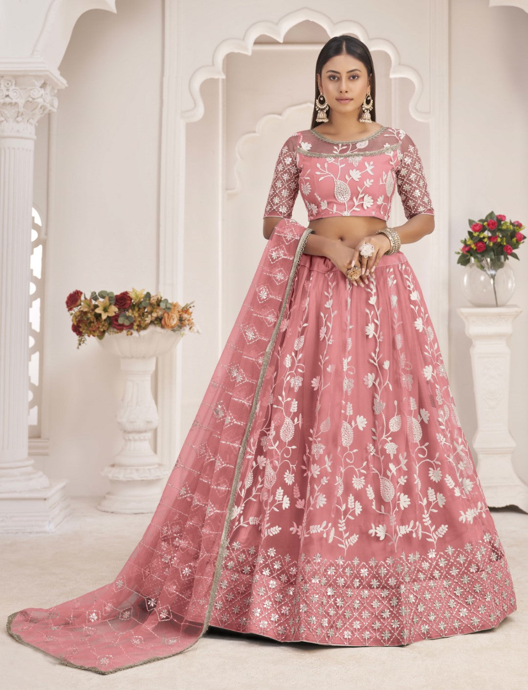 Women's Pink Net Thread Embroidery Lehenga Set