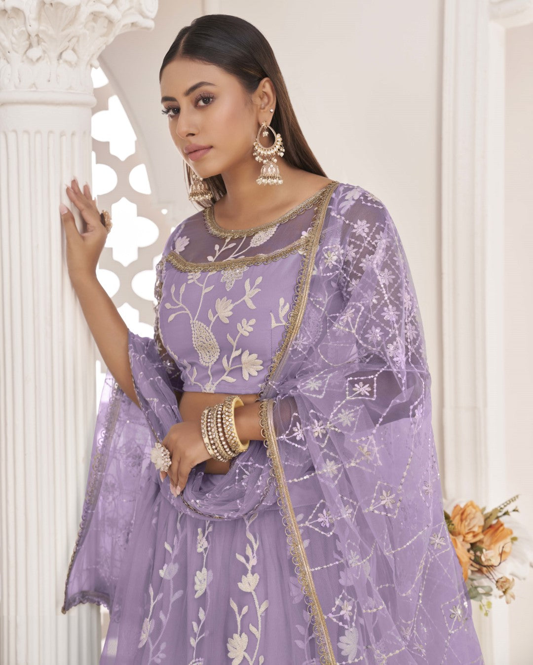 Women's Light Lavender Net Thread Embroidery Lehenga Set