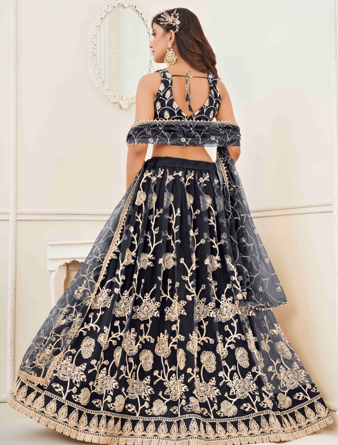 Women's Black Net Thread Embroidery Lehenga Set