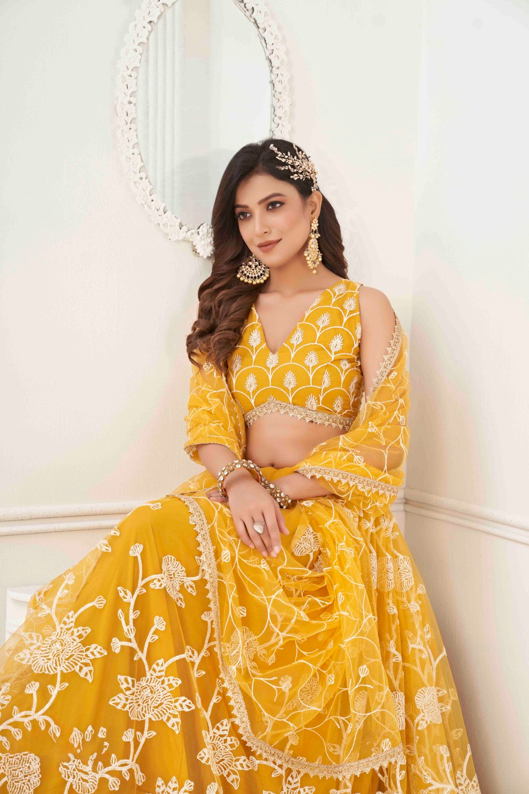 Women's Mustard Net Thread Embroidery Lehenga Set