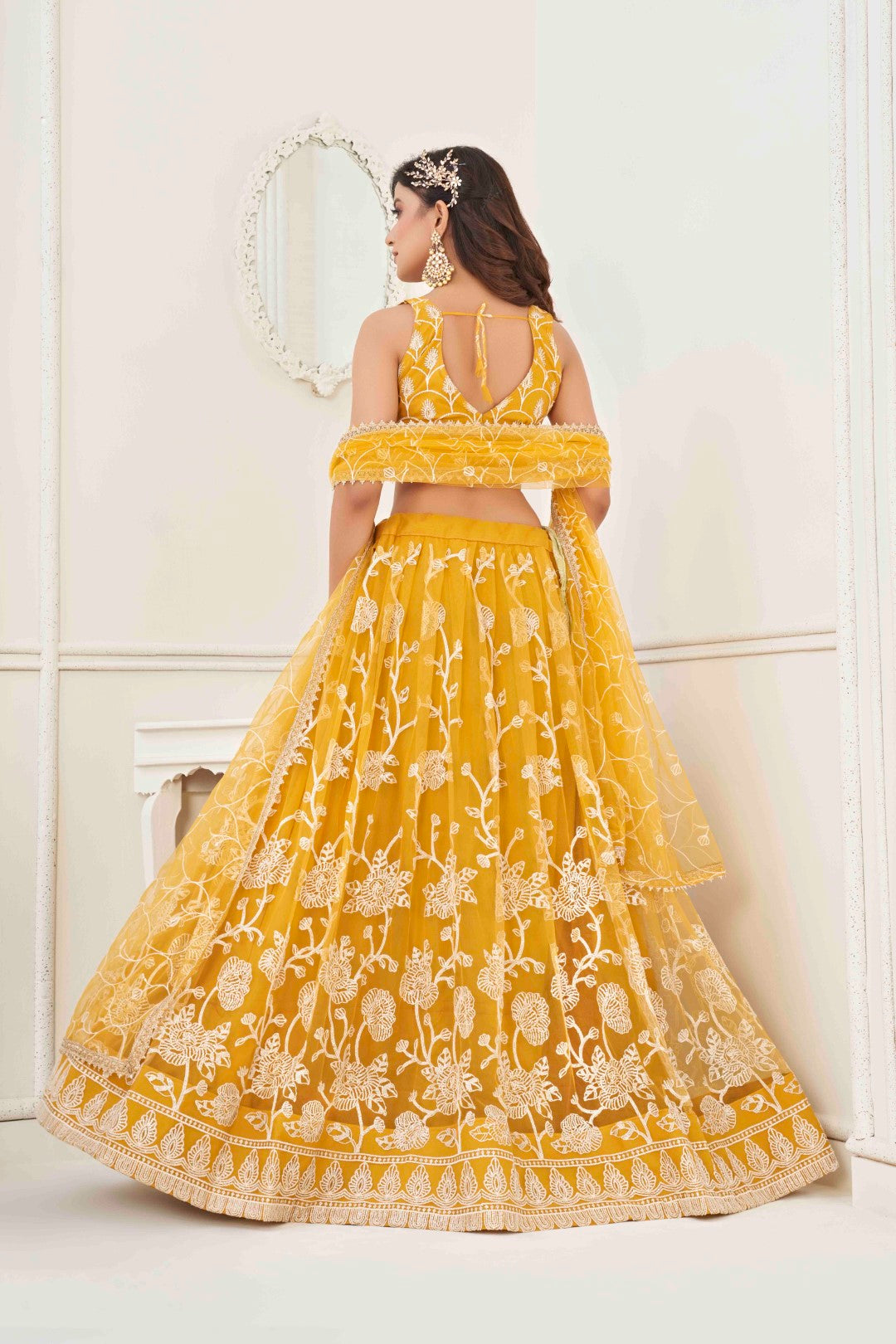 Women's Mustard Net Thread Embroidery Lehenga Set