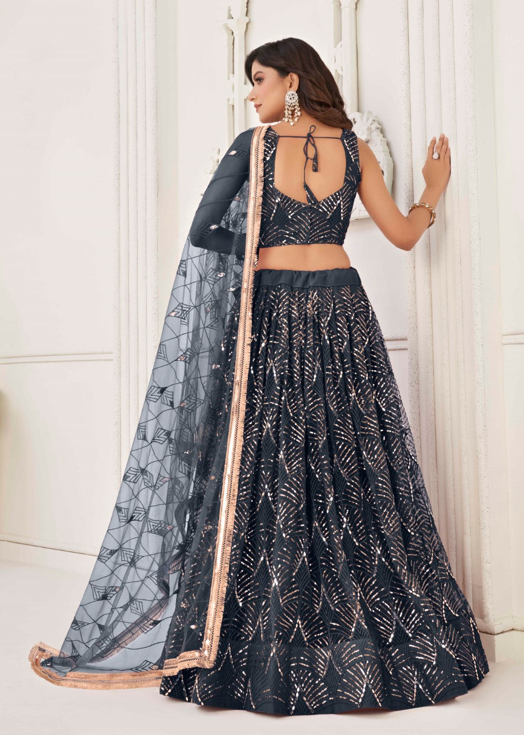 Women's Black Net Thread Embroidery Lehenga Set