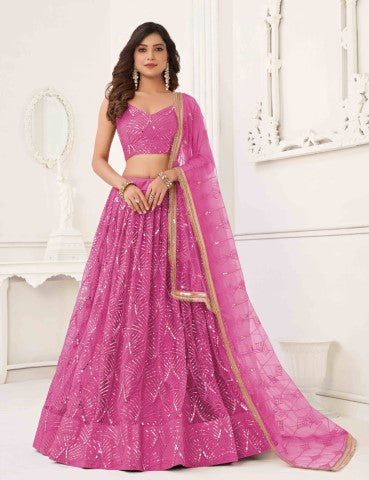 Women's Pink Net Thread Embroiderey With All Over Sequins Work Lehenga
