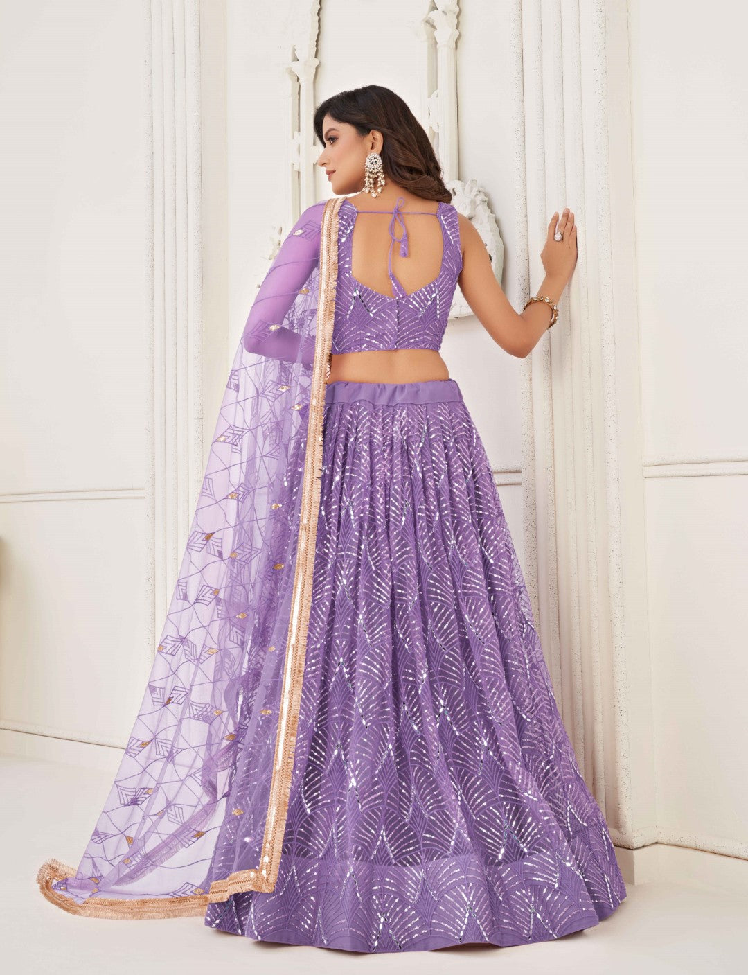 Women's Lavender Net Thread Embroidery Lehenga Set