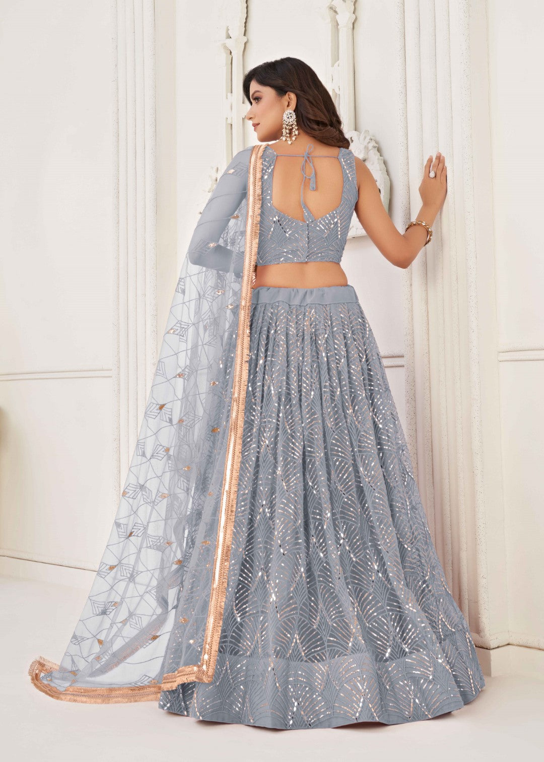 Women's Light Grey Net Thread Embroidery Lehenga Set