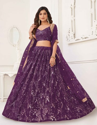 Women's Wine Net Thread Embroiderey With All Over Sequins Work Lehenga