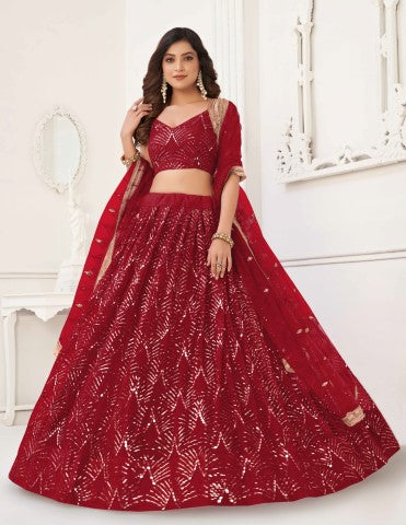 Women's Red Net Thread Embroiderey With All Over Sequins Work Lehenga
