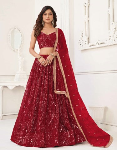 Women's Red Net Thread Embroiderey With All Over Sequins Work Lehenga