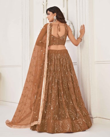 Women's Brown Net Thread Embroiderey With All Over Sequins Work Lehenga