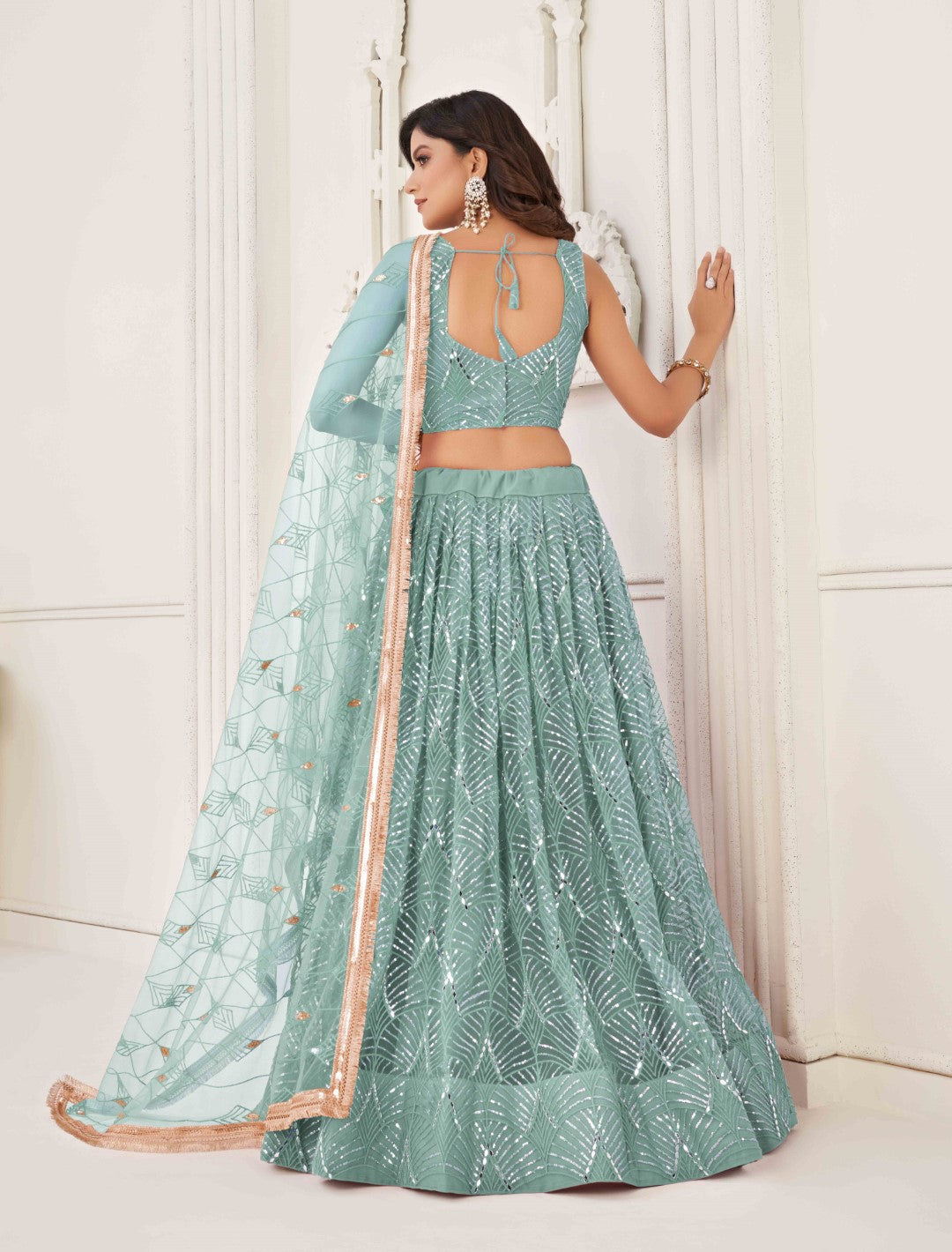 Women's Ocean Blue Net Thread Embroidery Lehenga Set