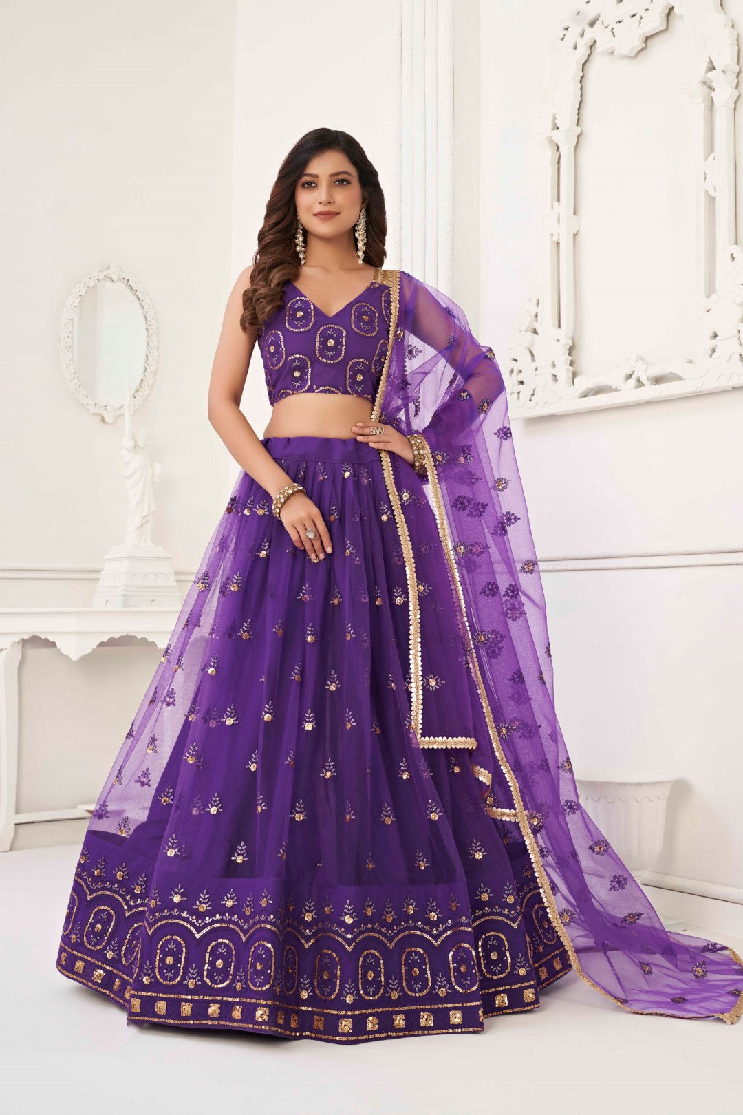 Women's Purple Net Thread Embroidery Lehenga Set